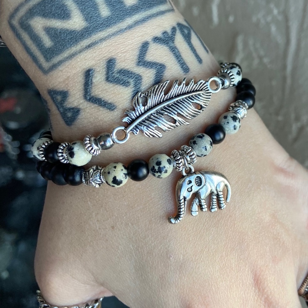 Onyx & jasper elephant leaf feather set bracelets - Picture 12 of 13